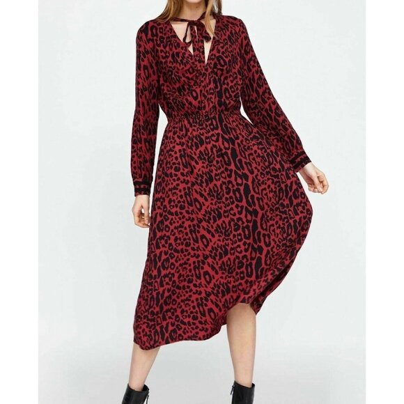 Zara Womens Red Leopard Print Midi Dress Tie Neck Long Sleeves size Medium - Picture 1 of 16